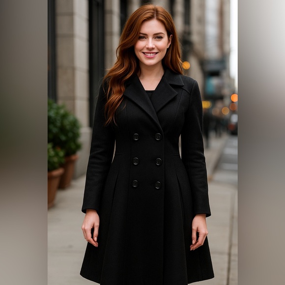 Aptro Sophisticated Black Double-Breasted Wool Trench Coat - Picture 1 of 7